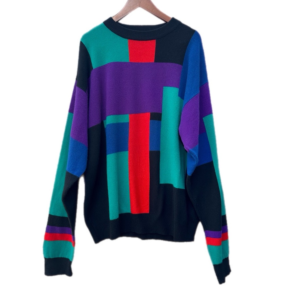 100% Cashmere Vintage 90s Saks Fifth Avenue Geometric Colorblock Sweater XL |